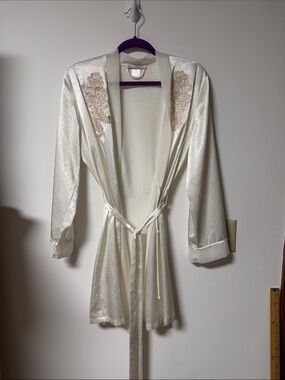 Linea Donatella Ivory Satin Short Robe with Lace Shoulder Accents